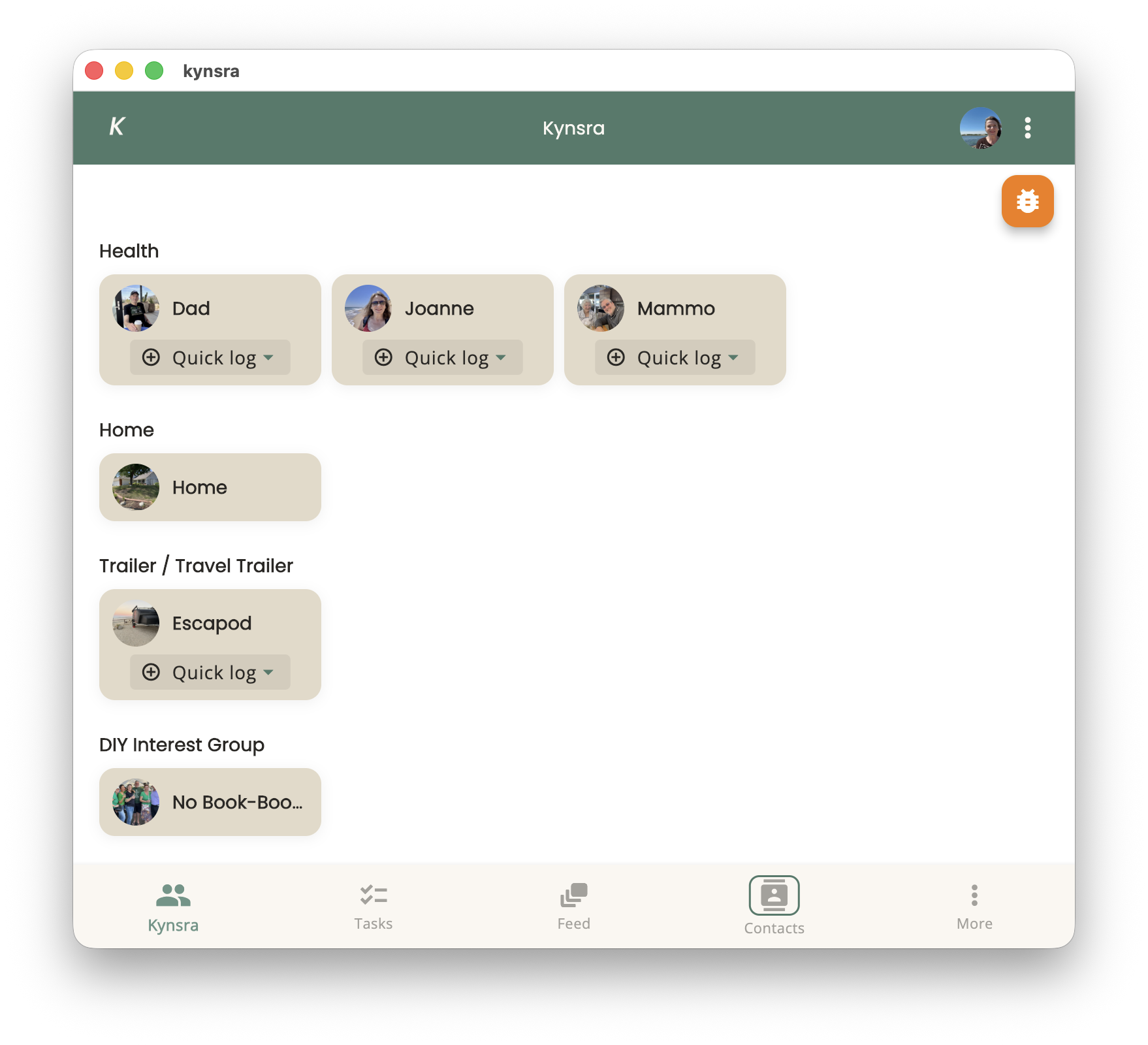 The Kynsra home screen showing family health, home, travel, and interest groups.